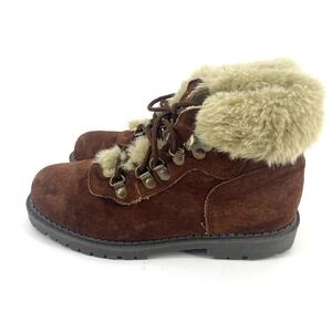 Midwest Traders Womens Brown Leather Suede Fur Trim Lace Up Winter Boots Size 6M